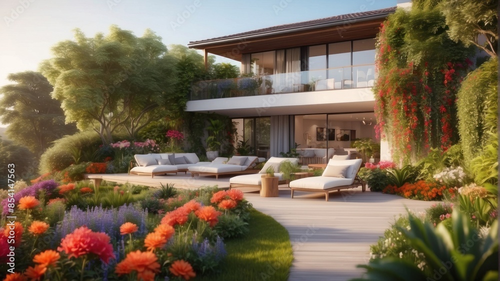 Fototapeta premium Beautiful huge house with garden