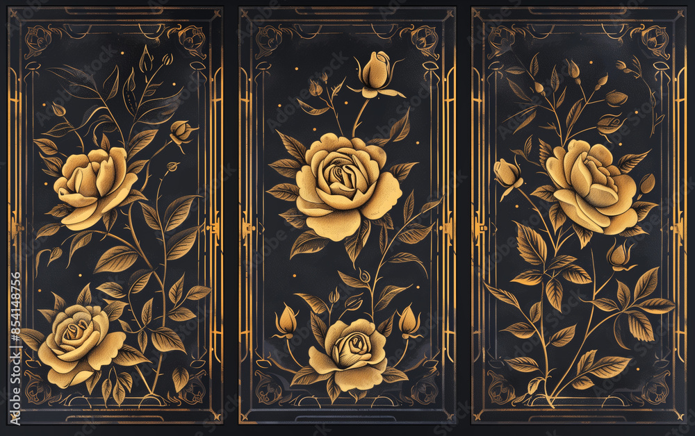 Three posters framed with gold roses on a black background, Art Deco ornamentation style, painted illustrations, wrought iron, wallpaper, the aesthetic movement, light indigo and light gold, Three posters framed with gold roses on a black background, Art Deco ornamentation style, painted illustrations, wrought iron, wallpaper, the aesthetic movement, light indigo and light gold,