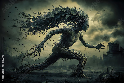 A powerful and poignant surreal artwork, masterfully blending human and nature elements in a 3D render. 