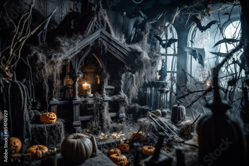 A room with a lot of pumpkins and candles. The mood of the room is spooky and Halloween-like photo