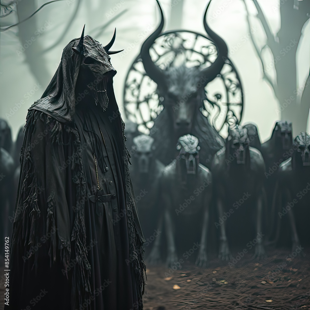 A man dressed in black and a large antlers is sitting in a forest. Scene is dark and eerie, with the man's appearance and the setting of the forest creating a sense of foreboding A man dressed in black and a large antlers is sitting in a forest. Scene is dark and eerie, with the man's appearance and the setting of the forest creating a sense of foreboding