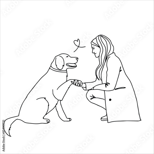 A woman with her dog. Linear art black and white illustration.
