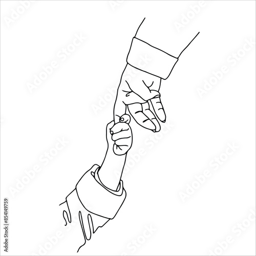 Cute vector illustration depicting a toddler and a parent holding hands. Black and white line graphics, drawing on a white background.	
