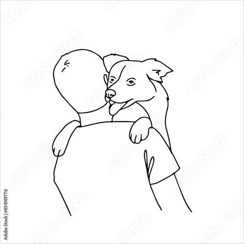 A man with her dog. Linear art black and white illustration.	