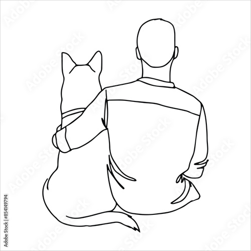A man with her dog. Linear art black and white illustration.	