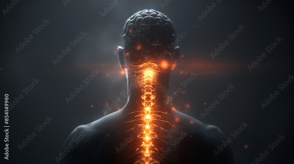 Rear view of a human figure with an illuminated spine, highlighting the ...