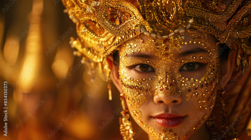 A woman in elaborate golden headdress and makeup, gazing intensely at the camera. A woman in elaborate golden headdress and makeup, gazing intensely at the camera.
