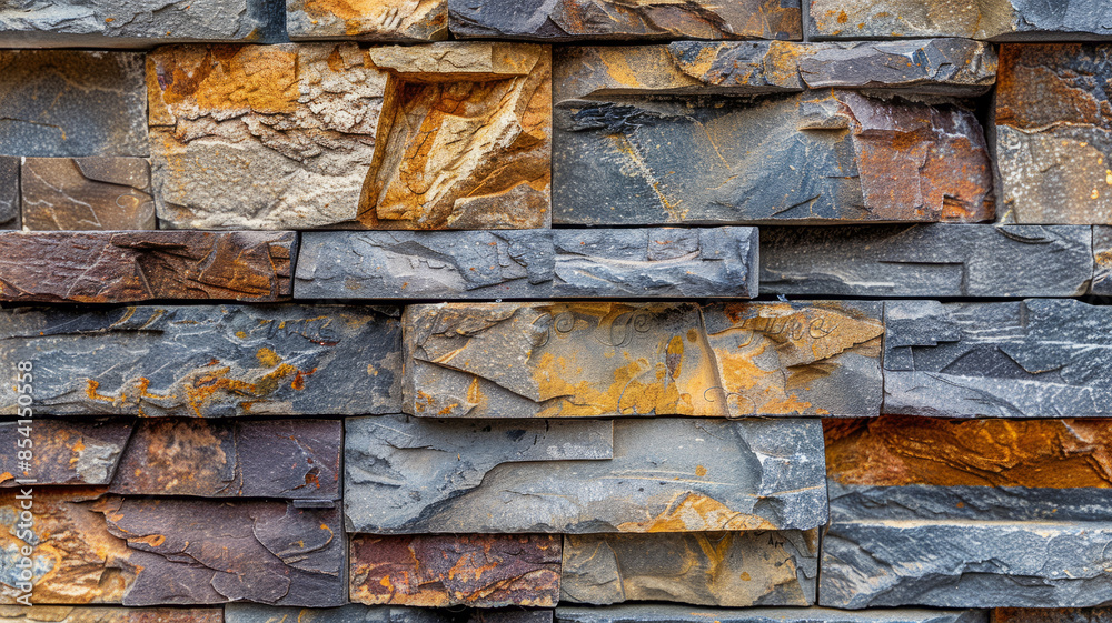 Close-up view of a stone wall with a textured, layered pattern. Close-up view of a stone wall with a textured, layered pattern.