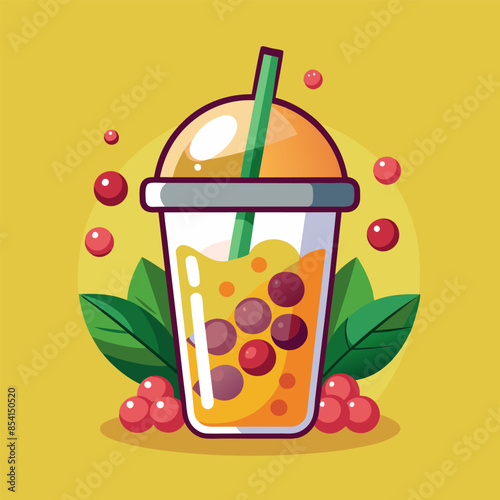 Vector illustration of a bubble tea filled with fruits: art that will decorate your table and brighten your day.
