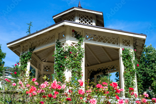 Elegant gazebo surrounded with lush park flowers in summertime
