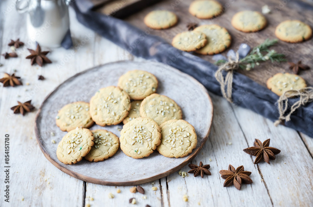 Fototapeta premium Beautiful traditional cookies on a wooden table - shabby chic - AI generated
