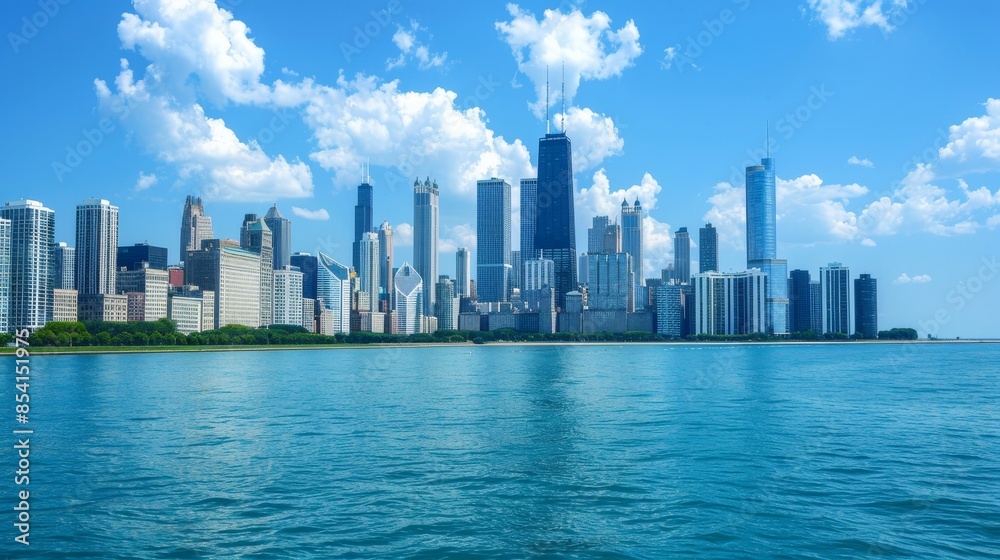 Contemporary skyline defined by stylish skyscrapers and eco conscious architectural marvels