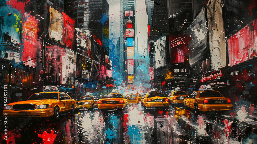 Naklejka premium A painting of a busy city street with taxis and a large sign