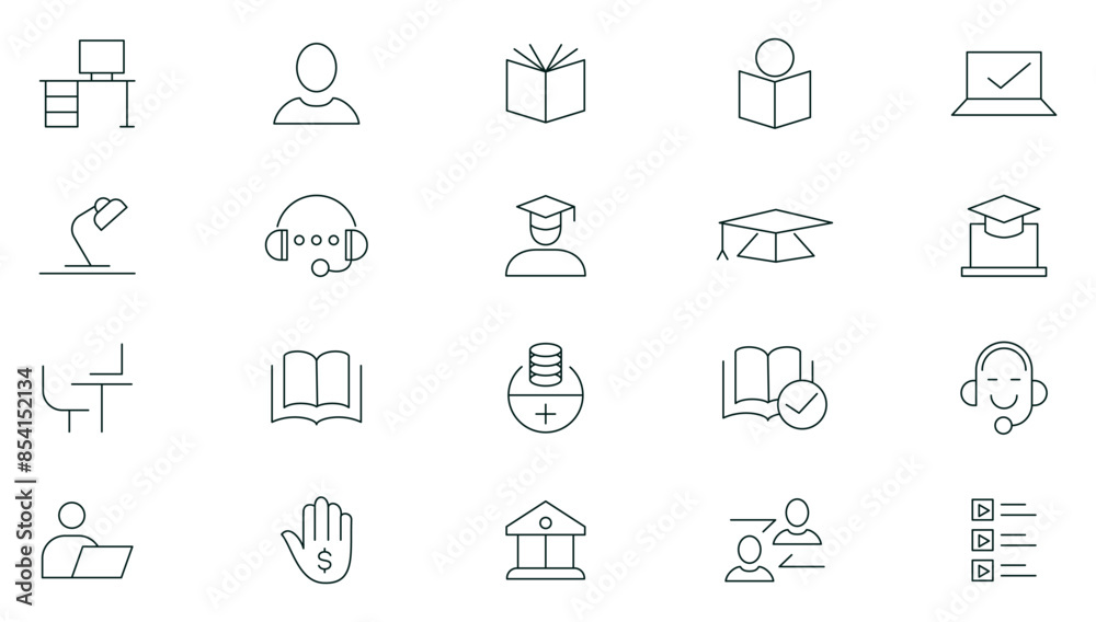 E-learning thin line icon set. Online education icon set. Education, school, knowledge, E-Book, Graduation, social, teacher, certificate, video tutorial outline icons. Education web icon set E-learning thin line icon set. Online education icon set. Education, school, knowledge, E-Book, Graduation, social, teacher, certificate, video tutorial outline icons. Education web icon set