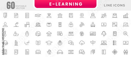 E-learning thin line icon set. Online education icon set. Education, school, knowledge,  E-Book, Graduation, social, teacher, certificate, video tutorial outline icons. Education web icon set