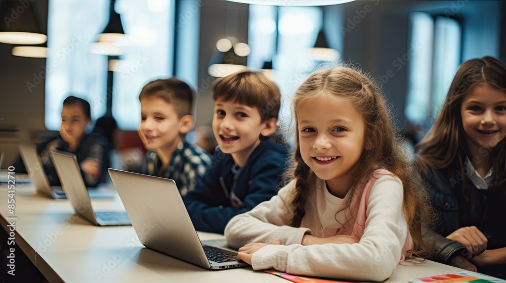 modern kids education with laptop in primary class modern kids education with laptop in primary class