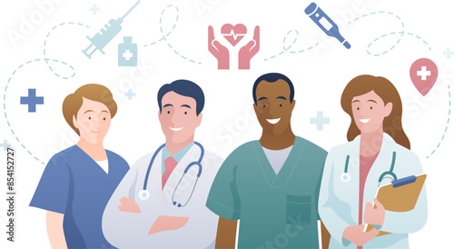 Medical workers color vector infographic illustration. Doctor and nurse with icons isolated on white background. Health care banner concept. Kind, smiling therapist and caregiver.