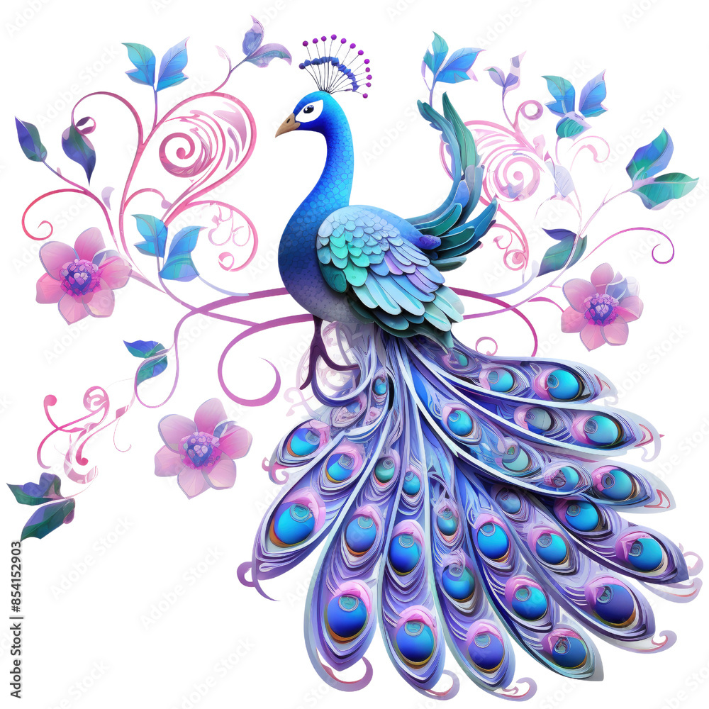 Fototapeta premium A blue and pink peacock with flowers in the background