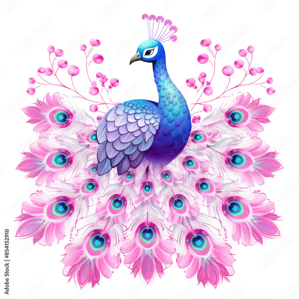 Fototapeta premium A blue and pink peacock with flowers in the background