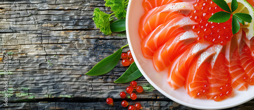 A plate of sliced raw salmon sashimi garnished with green leaves and red roe on a rustic wooden background.