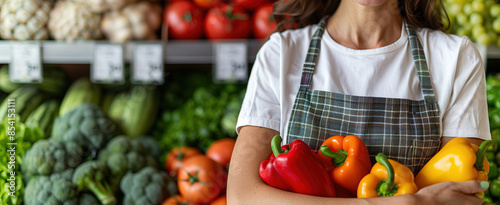 A woman in an apron holds a variety of colorful bell peppers in front of a display of fresh vegetables.