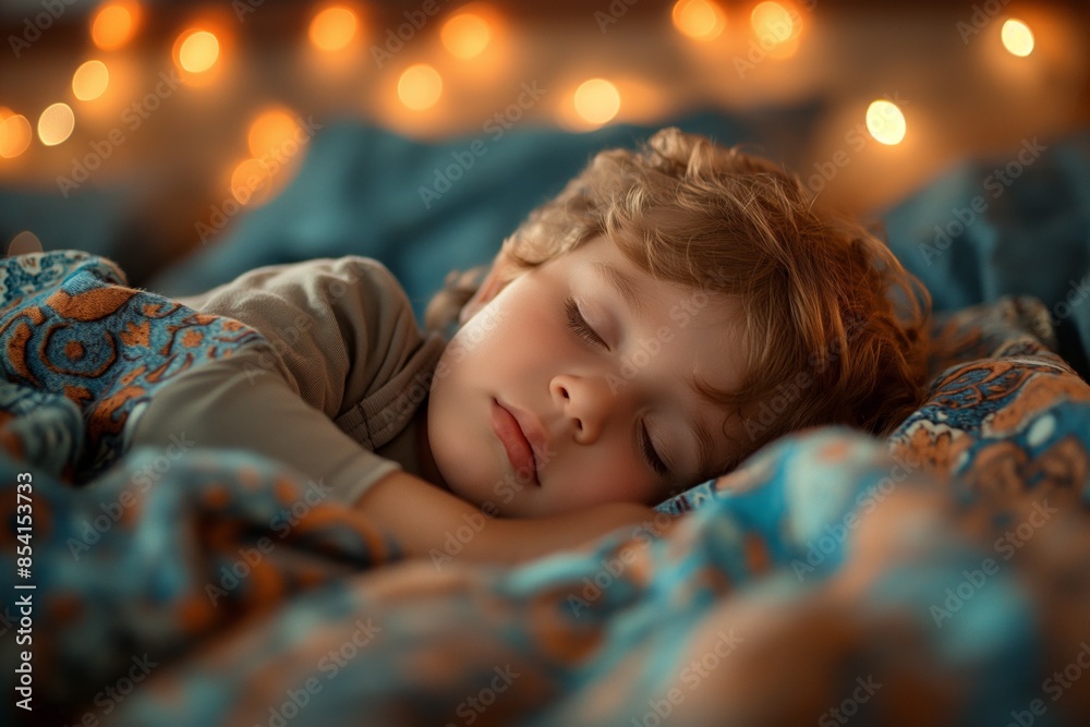 Close-up of a child curled up asleep with a colorful bokeh background, face obscured Close-up of a child curled up asleep with a colorful bokeh background, face obscured