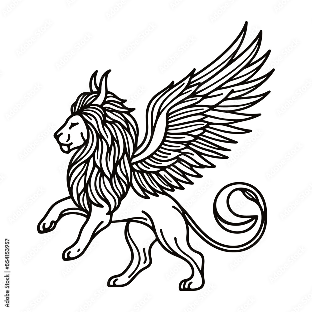 Obraz premium heraldic lion with wings and horns sketch