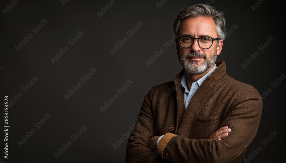 Sophisticated mature man with glasses and a brown coat posing confidently against a dark background Sophisticated mature man with glasses and a brown coat posing confidently against a dark background