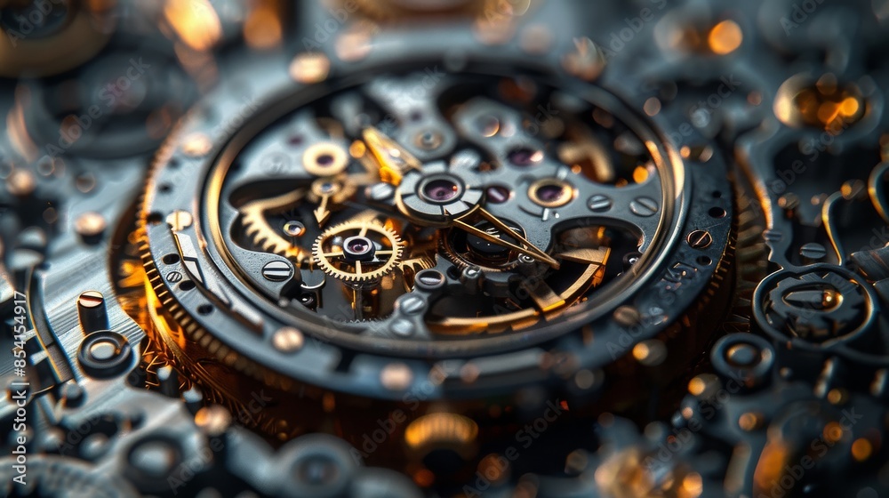 This detailed image showcases the complex inner workings of a watch mechanism, featuring gears and springs This detailed image showcases the complex inner workings of a watch mechanism, featuring gears and springs