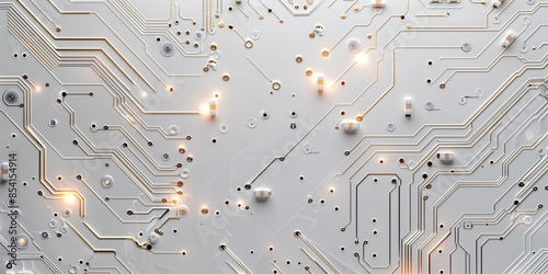 A digital rendering of a circuit board with a network of white lines and dots on a white background