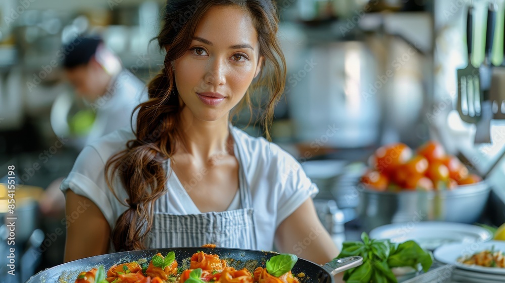 A female chef in an apron presents a freshly cooked pasta dish with basil in a professional kitchen setting A female chef in an apron presents a freshly cooked pasta dish with basil in a professional kitchen setting