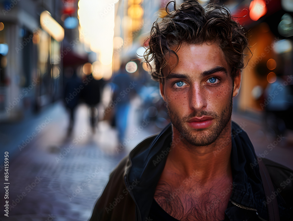 Urban Elegance: Handsome Man with Blue Eyes in City Street at Dusk