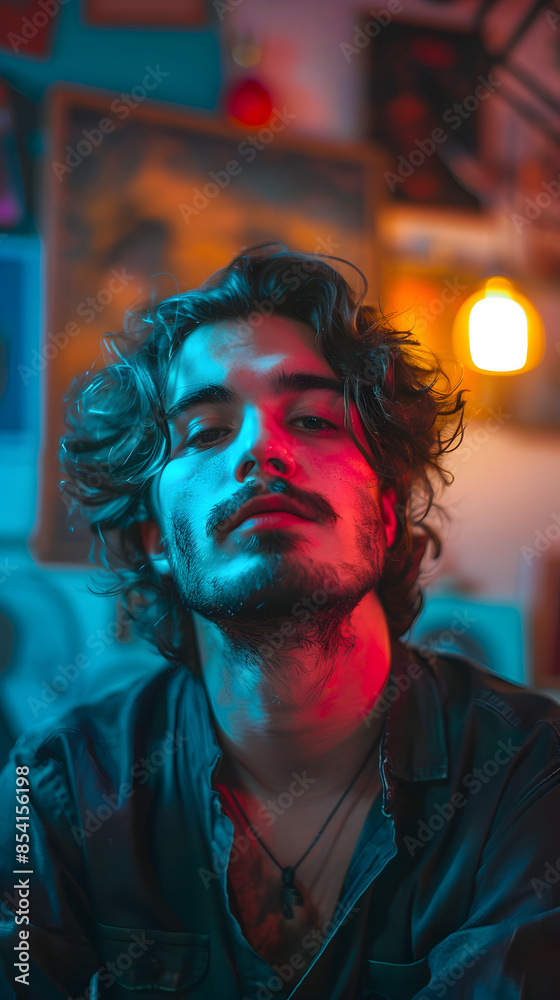 Portrait of Handsome Man with Artistic Flair in Colorful Art Studio with Soft Lighting Portrait of Handsome Man with Artistic Flair in Colorful Art Studio with Soft Lighting