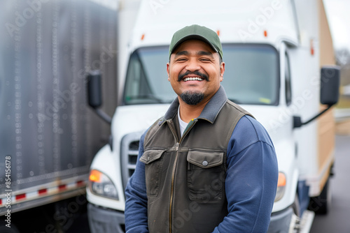 smiling delivery driver in front of truck