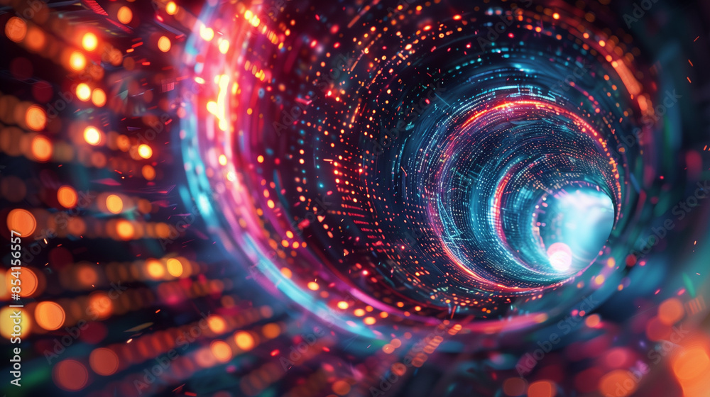 A digital tunnel formed by glowing green binary code. The code appears to spiral inward as it recedes into the distance. The background is dark A digital tunnel formed by glowing green binary code. The code appears to spiral inward as it recedes into the distance. The background is dark