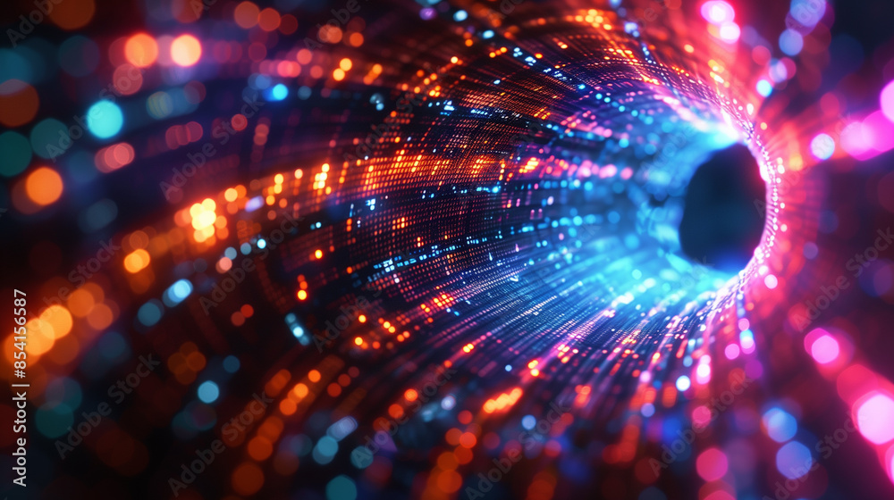 A digital tunnel formed by glowing green binary code. The code appears to spiral inward as it recedes into the distance. The background is dark A digital tunnel formed by glowing green binary code. The code appears to spiral inward as it recedes into the distance. The background is dark