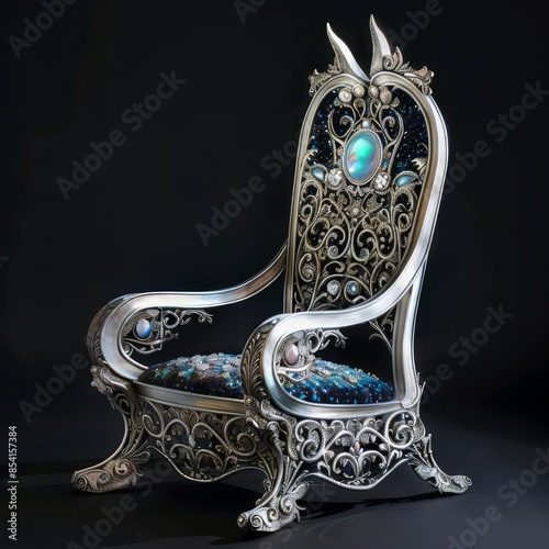 High fantasy thronelike chair inspired by the noble unicorn, featuring silver filigree, opal insets, and a high, arching backrest