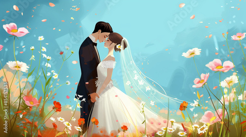 bride and groom on the meadow