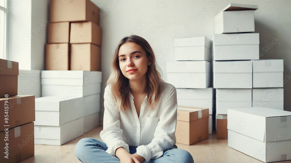 Pretty young woman in plain fashion clothing sitting in bright room full of blank paper boxes, house moving concept, blank wall background