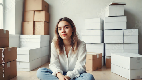 Obraz na płótnie Pretty young woman in plain fashion clothing sitting in bright room full of blank paper boxes, house moving concept, blank wall background w salonie