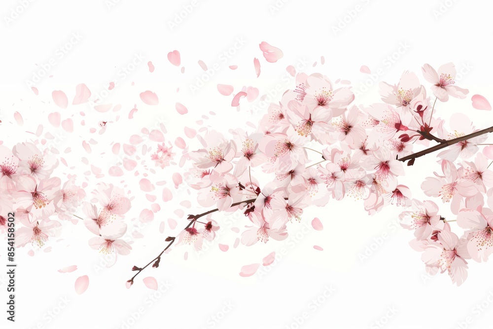 Delicate Cherry Blossom Branch Falling Petals on White Background Generative AI Delicate Cherry Blossom Branch Falling Petals on White Background Generative AI