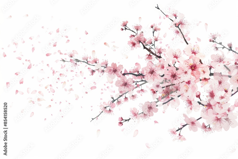 Delicate Cherry Blossom Branch Falling Petals on White Background Generative AI Delicate Cherry Blossom Branch Falling Petals on White Background Generative AI