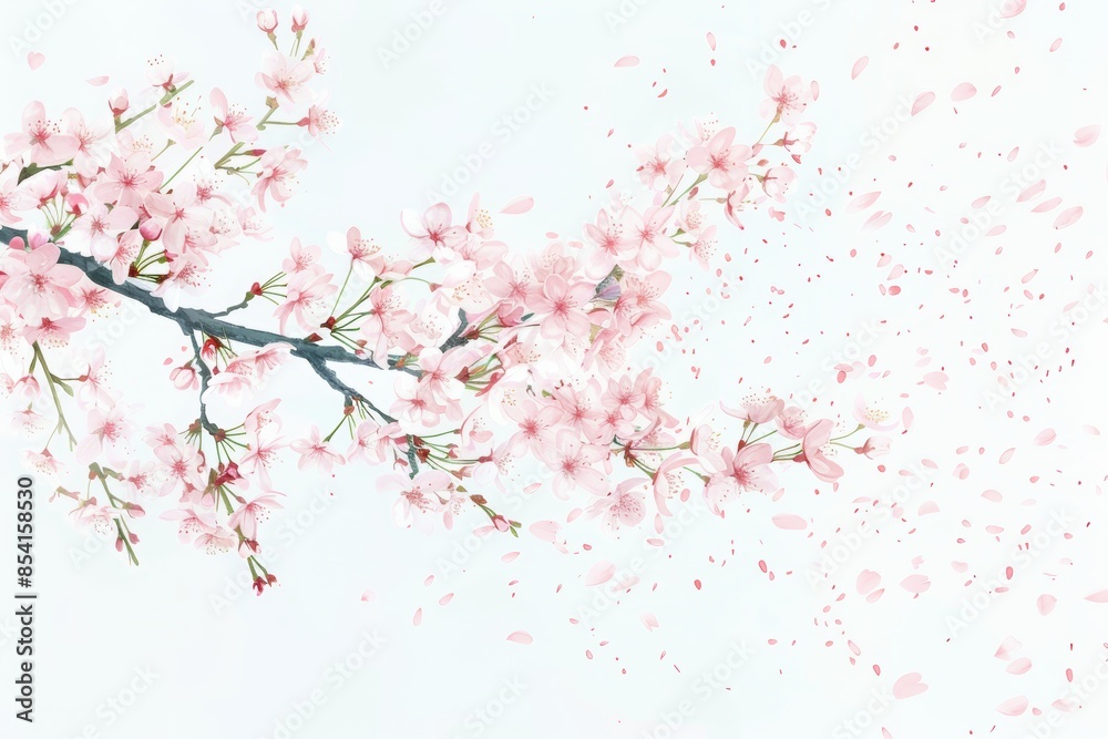 Delicate Cherry Blossom Branch Falling Petals on White Background Generative AI