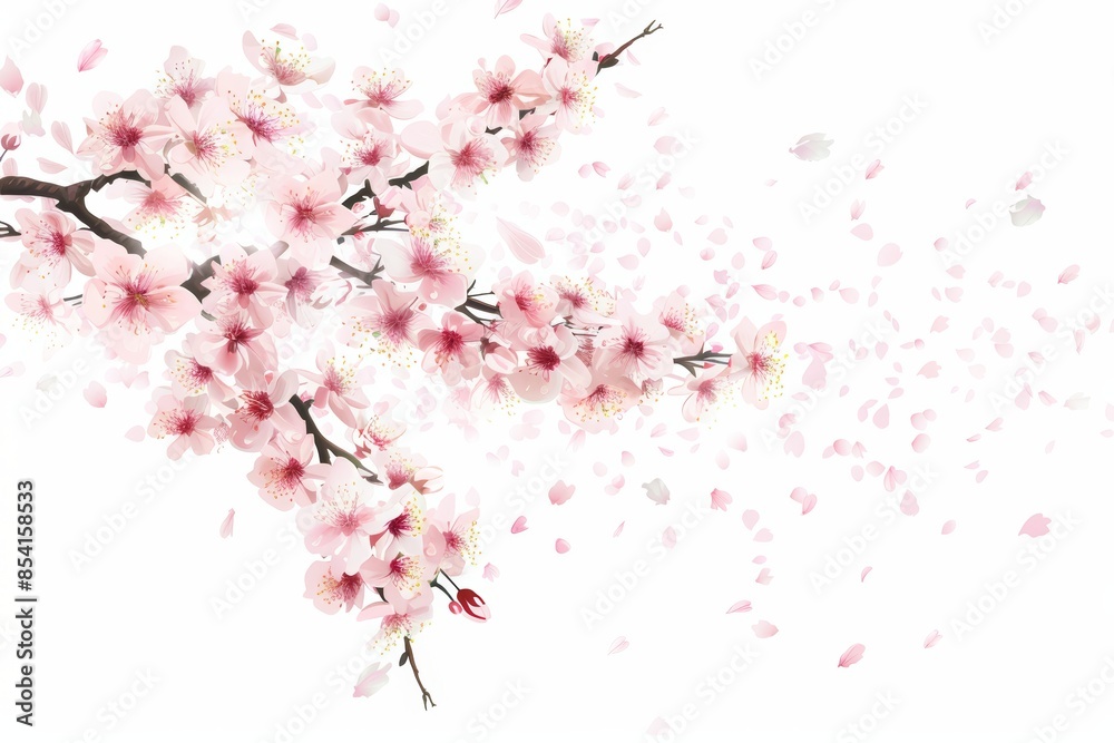 Delicate Cherry Blossom Branch Falling Petals on White Background Generative AI Delicate Cherry Blossom Branch Falling Petals on White Background Generative AI