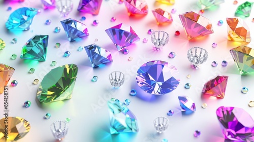Luxurious 3D render of rainbow colorful silhouettes representing diamonds and crowns, crafted for Pride, on a white background