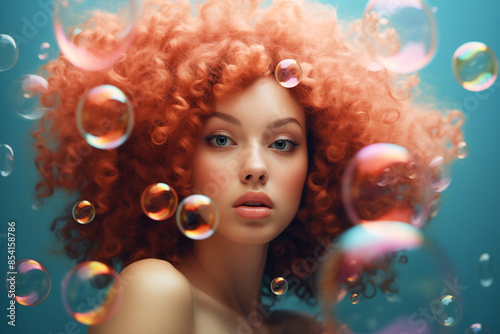 Young woman with red curls, blue eyes and bubbles underwater. Hair care cosmetics