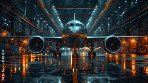 A powerful aircraft stands majestically in a large hangar, its turbines gleaming under the lights, ready for the next journey.