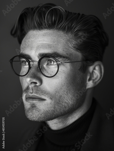 A striking black-and-white portrait of a young man with glasses, captured in a contemplative moment, highlighting his thoughtful expression and defined features.