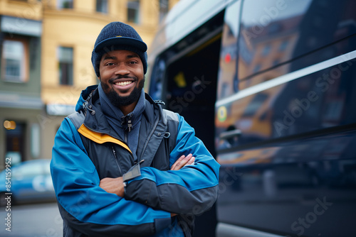 Delivery driver dressed for the weather poses in front of his van