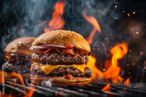 Close up of a double cheeseburger grilling over an open flame